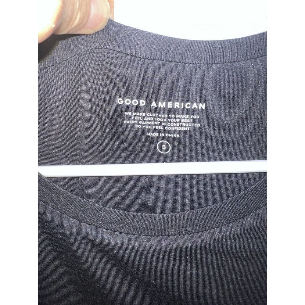 GOOD American Dress Size 3 Large Black Midi Slinky Ruched Jersey Long Sleeve T - Picture 6 of 13
